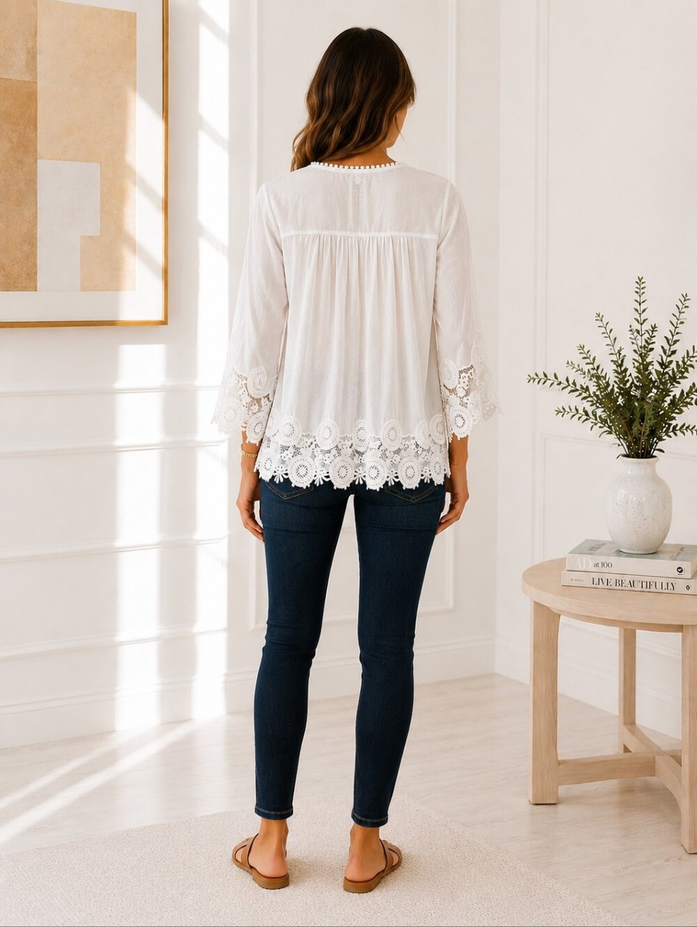 Tamsy | Cotton White Lace Trim V-Neck Blouse | Size 2X - Picture 2 of 6